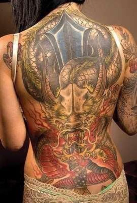 Brittanya Razavi back dragon tattoo.